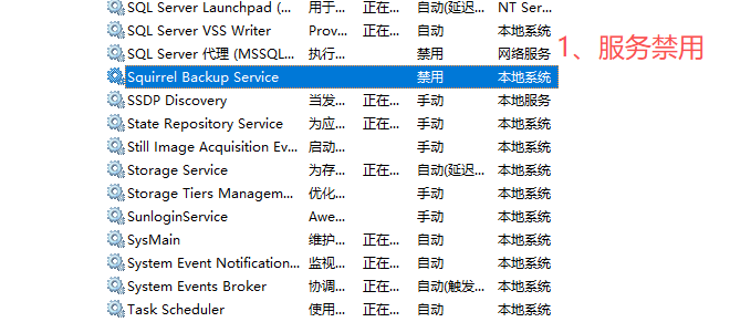 禁用 Squirrel Backup Service 服务
